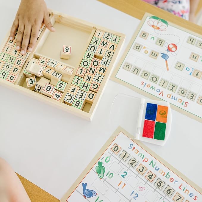 Melissa & Doug Deluxe Letters and Numbers Wooden Stamp Set ABCs 123s With Activity Book, 4-Color Stamp Pad ABC Stamps, Kids Arts & Crafts, Letter Stamps, For Kids Ages 4+ - FSC-Certified