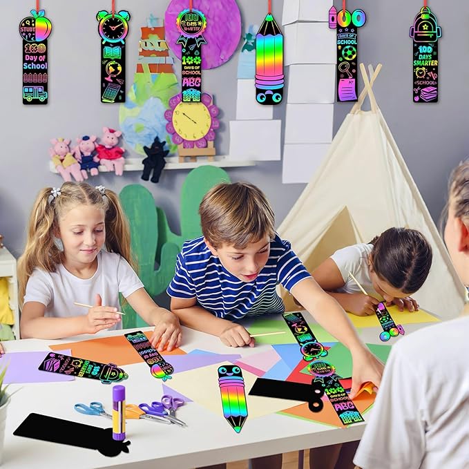 JUNEBRUSHS 30Pcs100 Days of School Scratch Bookmarks, Rainbow Magic Scratch Paper Art for Kids 100 Days of School Craft for 100th Day of School Gifts Activities Project Party Favors