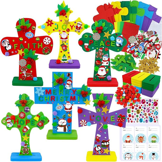 Winlyn 18 Sets Christmas Craft Kits DIY Christmas Stand-up Cross Decorations Art Sets Snowman Snowflake Christmas Foam Stickers Arts and Crafts for Kids Party Classroom Sunday School VBS Activities