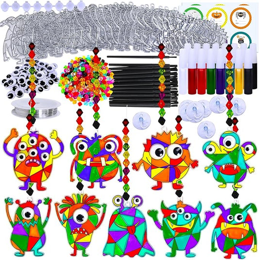 Winlyn 27 Sets Halloween Craft Kits Fall Crafts Monster Suncatchers Ornaments Decorations DIY Window Paint Art Suncatchers Hanging Monster Sun Catchers for Kids Classroom Party Activities