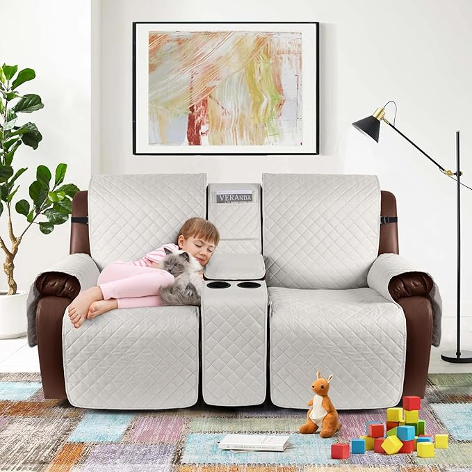 KinCam 100% Waterproof Recliner Loveseat Cover with Console, Non-Slip Reclining Couch Covers for 2 Seat, Recliner Sofa Cover Furniture Protector with Elastic Straps for Kids, Pets, Beige