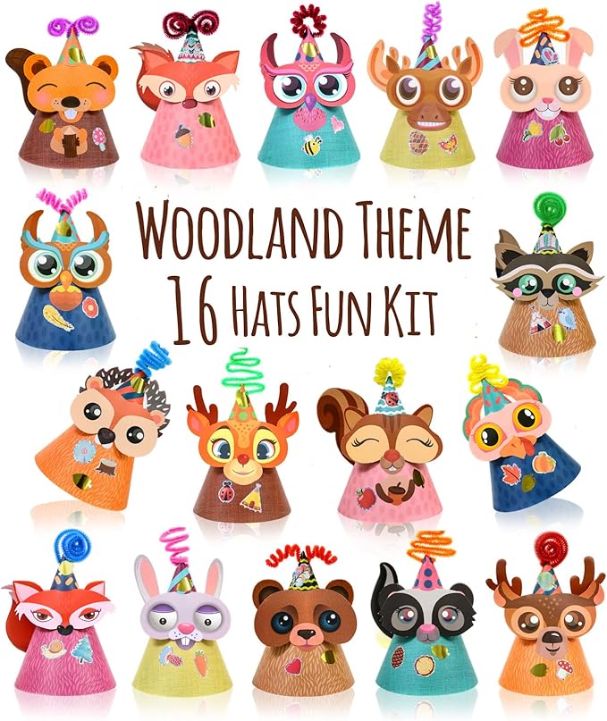 Woodland Themed Christmas Party Hats Making Kit c/w Chenille Stems & Stickers. Group Activities, DIY Art Craft Home Project. Birthday, Easter & Fiesta Decoration for Kid
