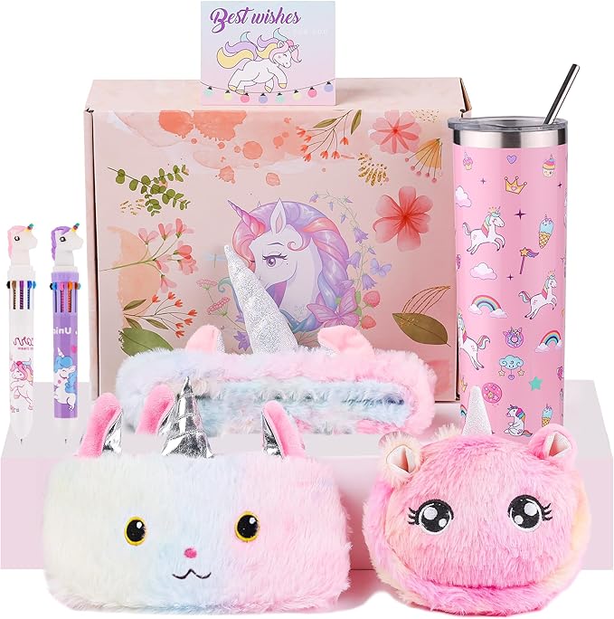 Christmas Unicorn Gifts Set for Girls Kids Toys Birthday Gift Box for Teen Girl, Easter Gifts for Kids Gift Age 6-8 Basket with Stainless Steel Tumbler/Crossbody Bag/Unicorn Headband