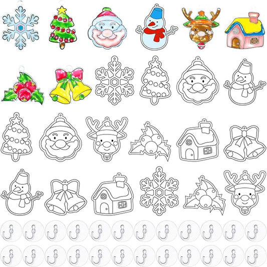 WILLBOND 24 Pieces Christmas Suncatchers Craft Assorted Sun Catcher Kits for Art Window Sun Catchers with 24 Pieces Suction Cups for Painting Crafts Christmas Home Decor Supplies