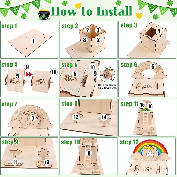 RGJ St Patrick's Day Leprechaun Trap Kit for Kids, Wooden DIY Leprechaun Trap Craft Kit to Catch A Leprechaun, St Patrick's Day Decorations for Kids Party Supplies (Unfinished Painted)
