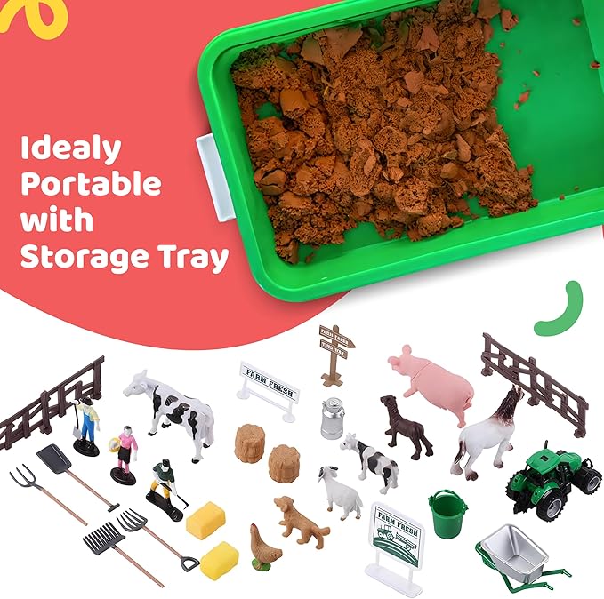 Dazmers Farm Animal Toys Sand Play Set - 28 Piece Farm Sand Playset for Kids - Includes Farm Animals, Tools, Play Sand - Fun Farm Activities for Kids - Ideal for Sensory and Creative Play