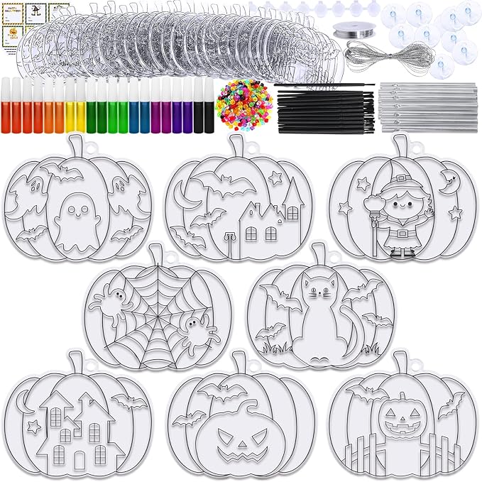 Winlyn 24 Sets Halloween Pumpkin Suncatcher Wind Chime Ornaments Decorations DIY Window Paint Art Suncatcher Craft Kits Pumpkin Sun Catchers for Kids Classroom Halloween Activities Holiday Art Project