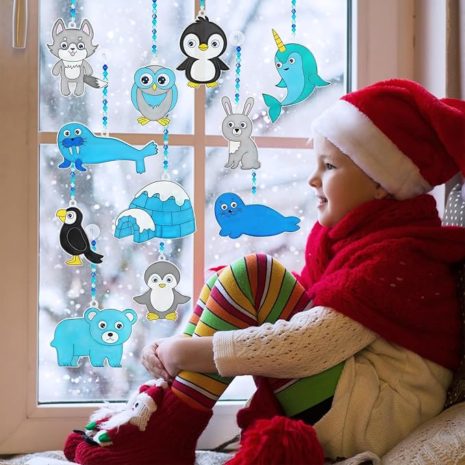 Winlyn 33 Sets Winter Polar Animal Suncatchers Ornaments Decorations DIY Window Paint Art Suncatchers Winter Craft Kits Winter Sun Catchers for Kids Christmas Holiday Classroom Activities Art Project