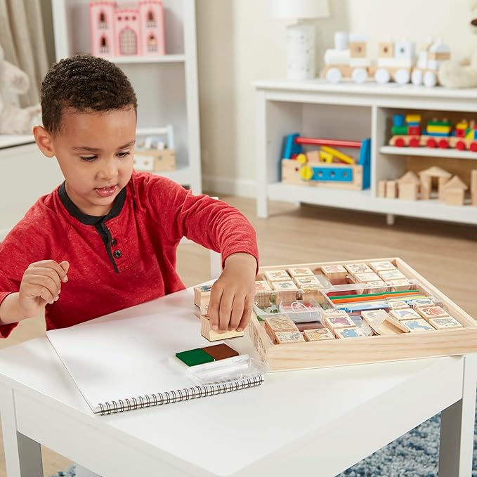 Melissa & Doug Deluxe Wooden Stamp Set: Animals - 30 Stamps, 6 Markers, 2 Stamp Pads Kids Art Projects, Wooden Stamps With Washable Ink, For Kids Ages 4+