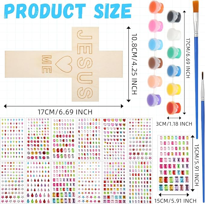 PullCrease Easter DIY Wood Cross Crafts for Kids Religious Craft Kit Sunday School Vacation Bible School Supplies 24 Pack Wooden Cross with Stickers 1 Set Paint(Classic Style)