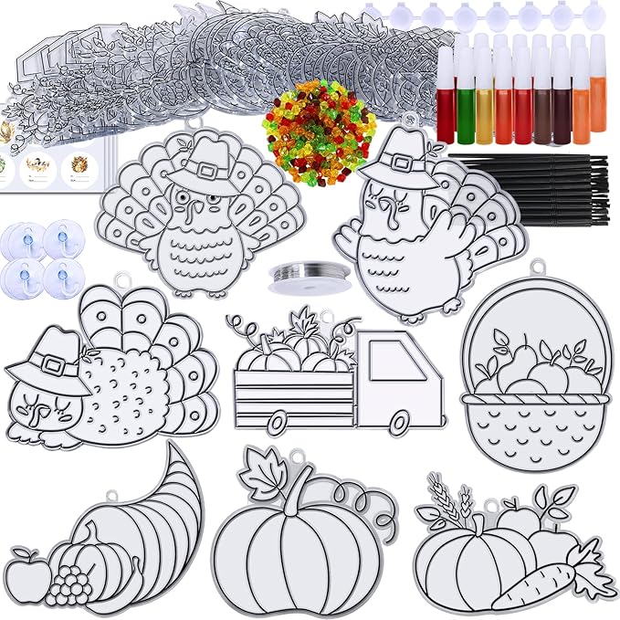 Winlyn 24 Sets Thanksgiving Suncatchers Ornaments Decorations DIY Window Paint Art Suncatchers Craft Kits Turkey Pumpkin Sun Catchers for Kids Classroom Activity Autumn Harvest Party Art Project