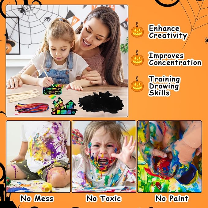 Halloween Scratch Paper Art Set - 48 Pcs Halloween Magic Rainbow Scratch Off Cards for Kids, Pumpkin, Ghost, Witch Hanging Ornaments for Halloween Party Favors Activities(12 Styles)