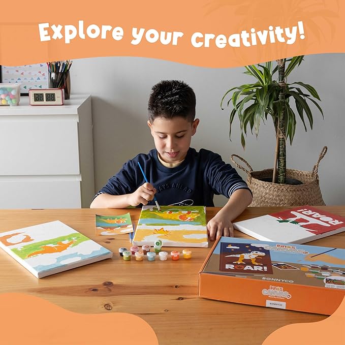BONNYCO Paint by Numbers Kit for Kids Dinosaurs Pack 3 Canvas Paint by Number Canvas, Dinosaurs Gifts for Boys, Arts and Crafts, Kids Paint by Number Kits, Pre Drawn Canvas for Painting for Kids