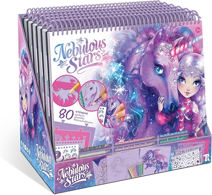 Nebulous Stars Fantasy Horses Sketchbook for Kids - 35 Large Stenciled Purple Pages - Comes with 80 Stencils