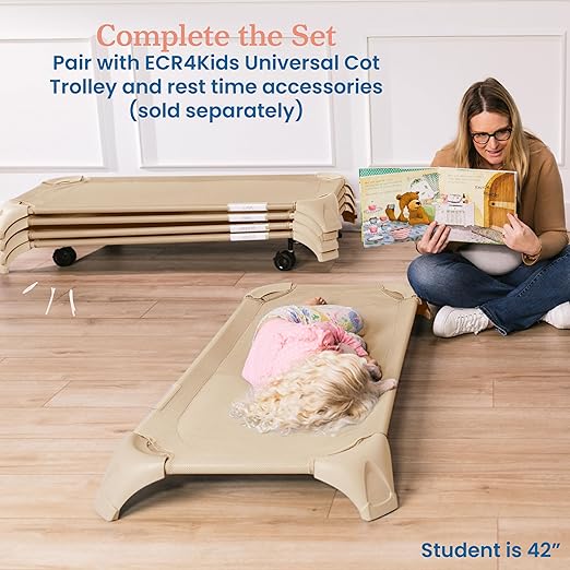 ECR4Kids Stackable Cozy Cot with Storage, Classroom Furniture, Sand, 6-Pack