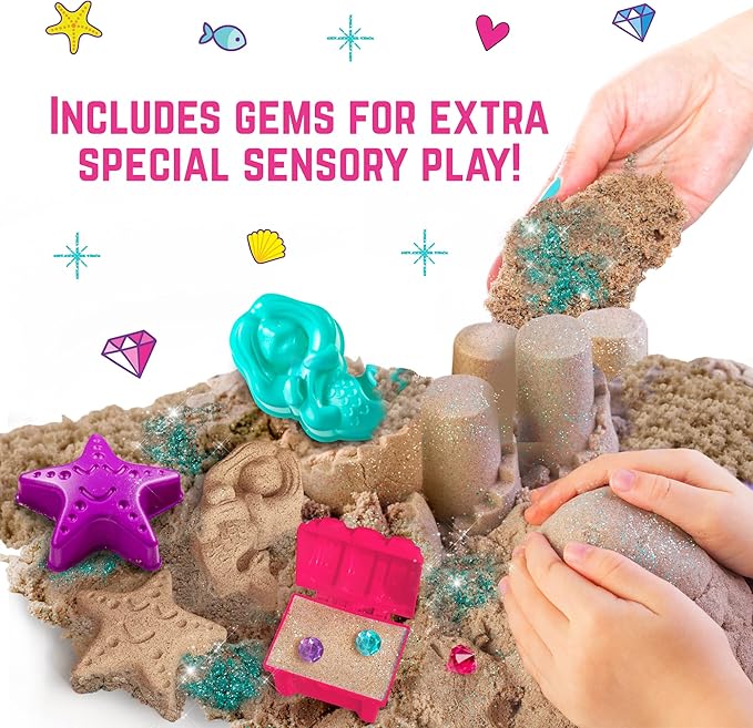GirlZone Mermaid Sensory Sand Kit, 2lbs Moldable Play Sand for Kids Aged 3+, Magic Sand with Gems, Tools & Portable Treasure Chest, Kids Toys for Playdates, Party Games & Gifting
