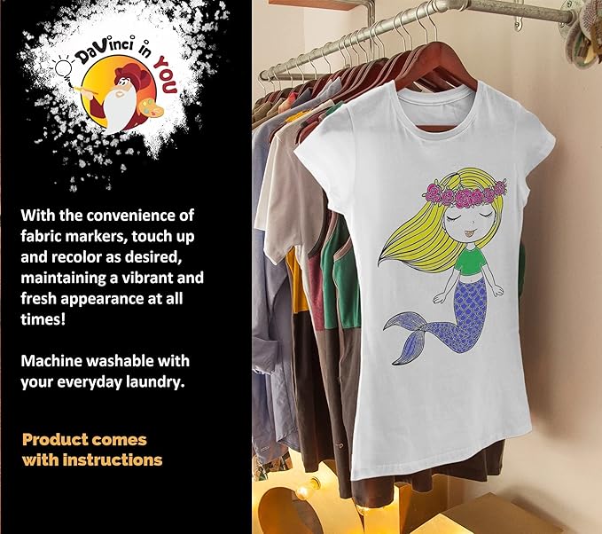 Mermaid Coloring Kit for Girls - DIY with Shirt, 10 Fabric Markers and Alphabet Stencil