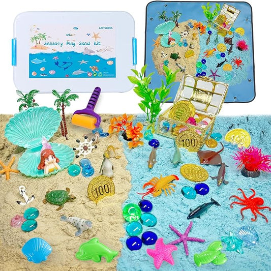 Ocean Mermaid Sensory Bin, Kids Underwater Play Sand Kit, Under The Sea Sensory Sandbox Toys with 2.2lbs Magic Sand, Sea Animals Figures, Sensory Sand Toys for Toddlers 1-3-5-7