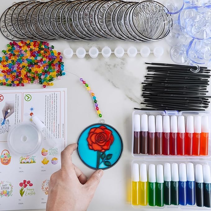 Winlyn 24 Sets Spring Flower Suncatchers Ornaments Decorations DIY Window Paint Art Suncatchers Spring Craft Kit Suncatchers Painting Kits for Kids Classroom Spring Activities Art project Party Favors