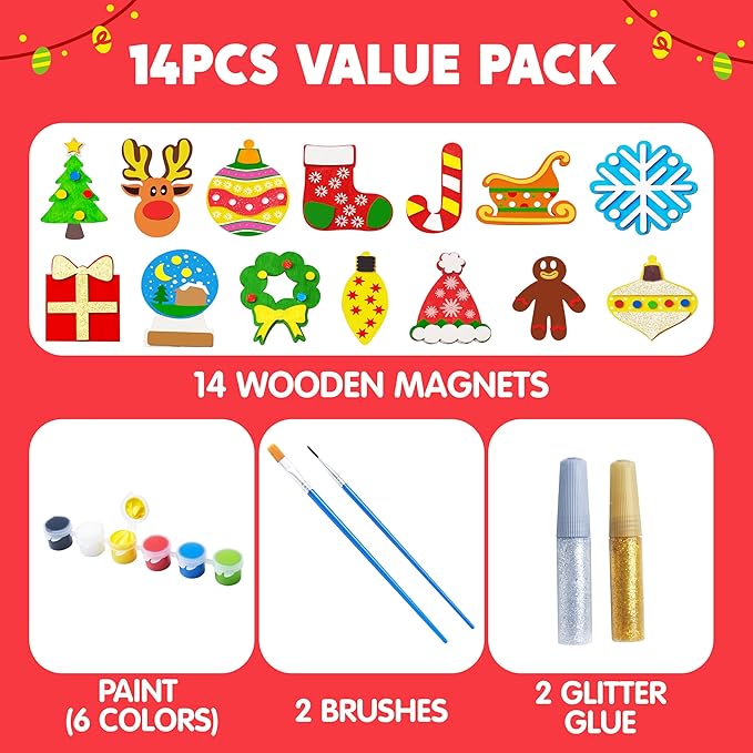 JOYIN 14 Christmas Wooden Magnet Creativity Arts & Crafts Painting Kit Decorate Your Own for Kids Paint Gift, Birthday Parties and Family Crafts, Holiday Stuffers(Age 8+)