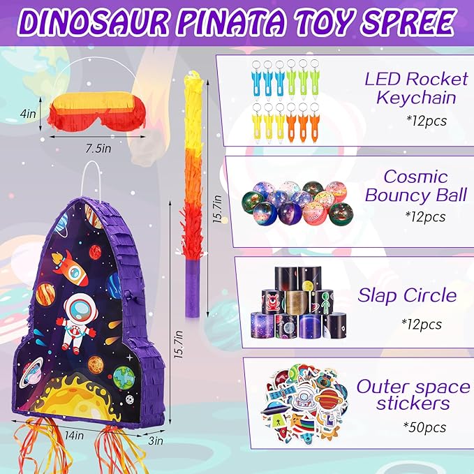 Meooeck 90 Pcs 16 x 12 x 3 Rocket Ship Pinata with Blindfold Pinata Stick Confetti Set, Kid Outer Space Party Favors Include Slap Bracelet Tattoo Sticker Bouncy Ball Flashlight Keychains Space Pinata