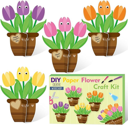 WATINC 28 Pack Tulips Flower Craft Kit, Make Your Tulips Craft Appreciation Gift with Greeting Tags, DIY Thankful Flowers Decor for Home School Party Classroom Art Activitie