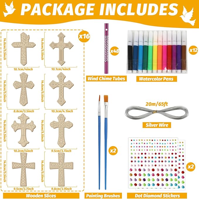 gisgfim Easter 16 Pack Cross Wind Chime Crafts Kits for Kids Make Your Own Sunday School Craft Christian Crafts Wooden DIY Arts for Party School Classroom Decorations Supplies Birthday Favors
