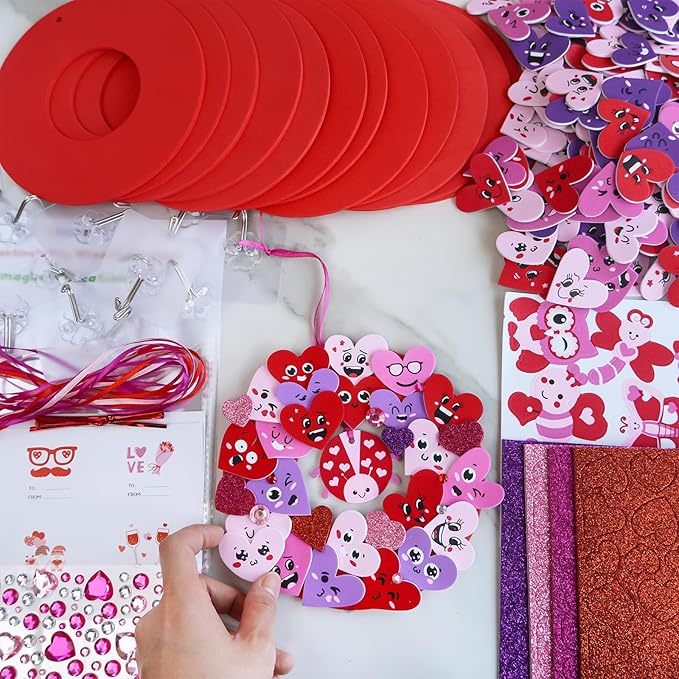 Winlyn 12 Sets Valentine's Day Craft Kits Heart Crafts DIY Heart Wreath Ornaments Decorations Art Sets Foam Smile Heart Stickers for Kids Valentine's Day Party Classroom Activities Gift Exchange