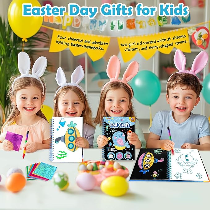 Foil Art Craft Activity for Kids: Fun DIY Toy Sticker Kit, No Mess Creative Travel Supply Set, Idea Birthday Easter Basket Stuffers Valentines Gift for Girl Boy Toddler 4 5 6 7 8 9 Year Old (Ocean)