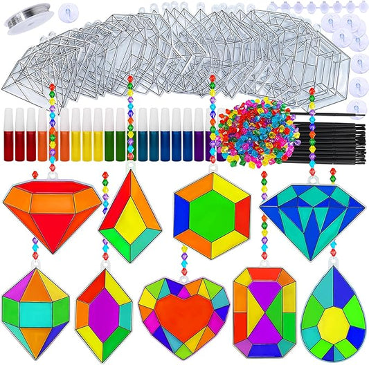 Winlyn 27 Sets Jewel Suncatchers Ornaments Decorations DIY Window Paint Art Stickers Craft Kits Jewel Sun Catchers for Kids Classroom Pirate-themed Birthday Party Activities Art Project