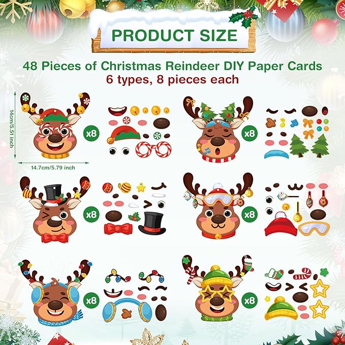 Pasimy 48 Pcs Christmas Crafts Kits for Kids Christmas Reindeer Ornament Crafts DIY Reindeer Ornament Kit Make Your Own Reindeer Craft Stickers for Holiday Xmas Classroom Party Favors