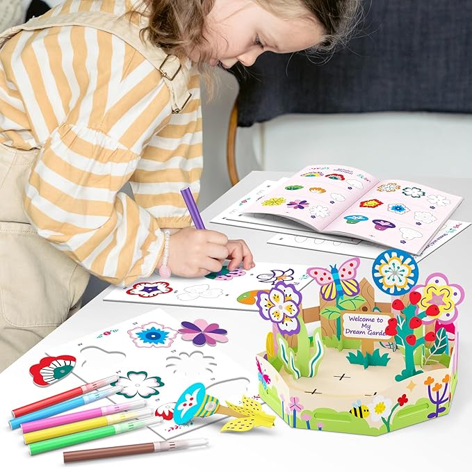 Drama Planet Arts and Crafts for Kids, Color and Design Your Dream Flower Garden, Flowers Building Kit, Painting Set, Assemble Personalized Flowers, Perfect DIY Gift for Girls and Boys