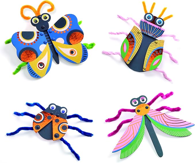 DJECO Fuzzy Bug Craft Kit - Make Your Own 3D Bugs with Pom Poms for Home, School or Gifts - Fun & Creative for Family & Friends - Educational Art Crafts for Preschool, Kids 3+