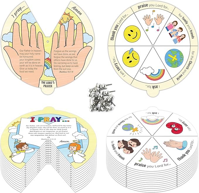 COcnny Bible Prayer Religious Craft - 24 Sets Christian Jesus Coloring Wheel Cards Creation Game Activities for Kids, The Lord’s Prayer Biblical Art Craft for Sunday School Classroom Ages 3-5 4-8 8-12