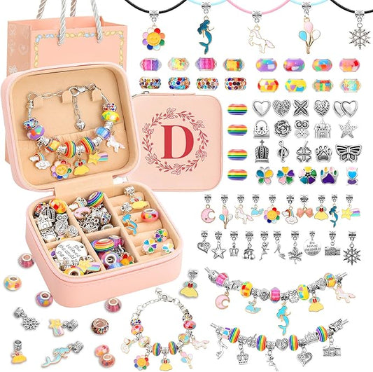 Charm Bracelet Making Kit for Girls 3-12, Kids Jewelry Making Kit 66Pcs Jewelry Kits for Girls Ages 8-12 Jewelry Maker Craft Necklace Birthday Christmas Gifts with Initial Jewelry Organizer Box - D