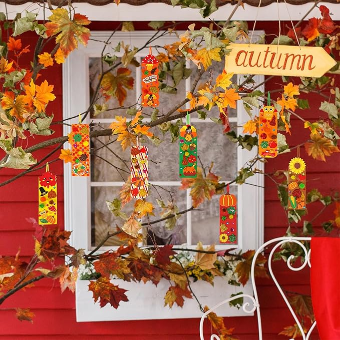 Winlyn 32 Sets Fall Crafts Kits DIY Fall Bookmarks Decorations Art Sets Maple Leaves Smile Face Owl Turkey Pumpkins Foam Stickers Arts and Crafts for Kids Thanksgiving Halloween Classroom Activities