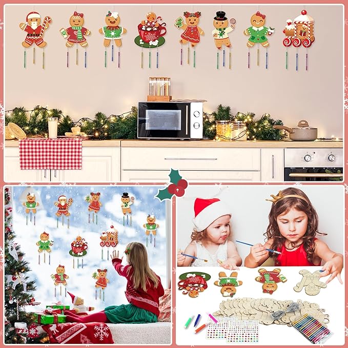 gisgfim 16 Pack Christmas Gingerbread Man Wind Chime Kits Crafts for Kids Make Your Own Wind Chime Wooden DIY Coloring Art Craft for Xmas Party School Classroom Decorations Supplies Birthday Favors
