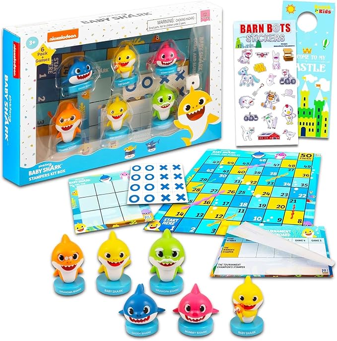 Baby Shark Stampers Set - Bundle with 6 Pc Baby Shark Stampers Kit Box Plus Stickers, Door Hanger | Baby Shark Art Kit, Baby Shark Arts and Crafts for Kids