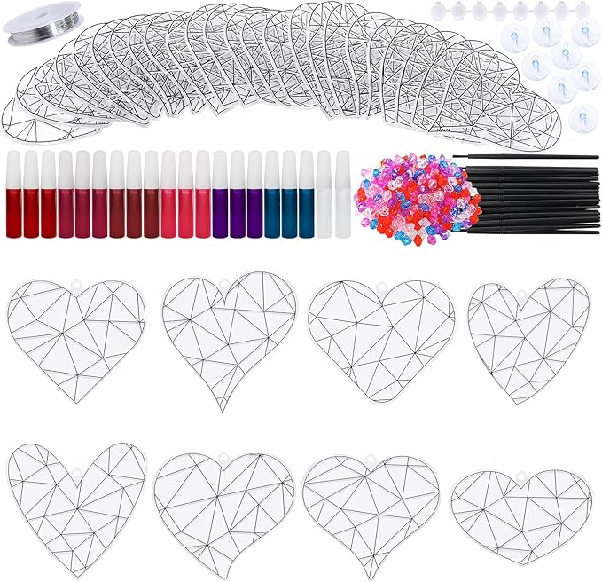 Winlyn 24 Sets Heart Suncatchers Ornaments Decorations DIY Window Paint Art Stickers Crafts Heart Sun Catchers Kits for Kids Valentine's Day Pirate-Themed Birthday Activities Party Favors Art Project