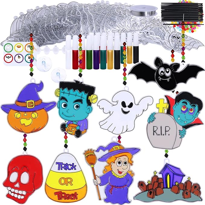 Winlyn 27 Sets Halloween Suncatchers Ornaments Decorations DIY Window Paint Art Suncatchers Halloween Craft Kits Jack-O'-Lantern Bat Ghost Skull Sun Catchers for Kids Classroom Activities Art Project