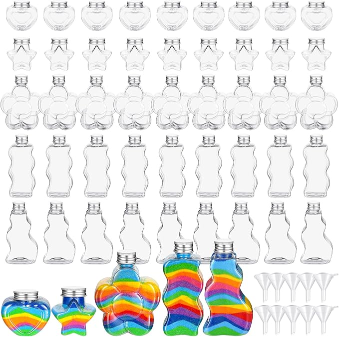 Tanlade 50 Pcs Sand Art Bottles Plastic Sand Art Containers with 10 Funnels Sand Art Bottles Kits for Kids Craft Collection Bottles for Craft DIY Art Activity Party Group, Sand Not Included (Silver)
