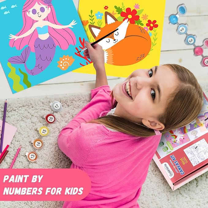 Kids Paint by Number Kits Including 6 Pre-Drawn Canvas for Painting, 6 Brushes 17 Paints and 2 Easels, Perfect Art Painting Kit for Kids, Arts and Crafts Painting for Kids Ages 8-12