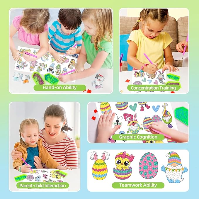 MEIEST 30 PCS Easter Gem Diamond Art Painting Stickers Kit,Mosaic Stickers by Numbers Arts and Crafts Set for Kids,Creative Handmade Easter Decorations Gift
