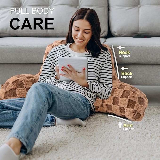 Aimuan Checkered Reading Pillow Bed Rest Wedge Backrest Checkerboard Pillow with Arms Back Support for Sitting Up in Bed Cushion Incline Rest Sleeping Snoring Pillow (Khaki,Standard)