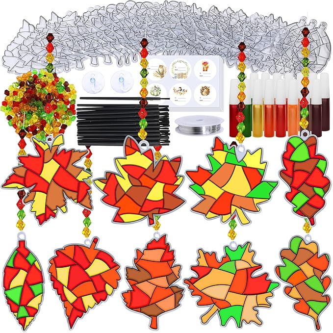 Winlyn 27 Sets Fall Leaf Suncatchers Ornaments Decorations DIY Window Paint Art Suncatchers Craft Kits Autumn Maple Leaf Sun Catchers for Kids Classroom Thanksgiving Harvest Party Activity Art Project