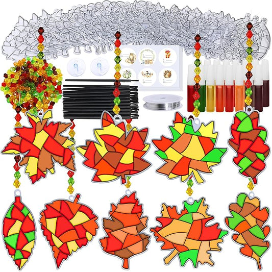Winlyn 27 Sets Fall Leaf Suncatchers Ornaments Decorations DIY Window Paint Art Suncatchers Craft Kits Autumn Maple Leaf Sun Catchers for Kids Classroom Thanksgiving Harvest Party Activity Art Project