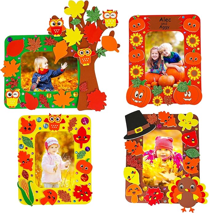 Winlyn 12 Sets Fall Craft Kits Fall Thanksgiving Picture Frame Decorations Art Sets Tree of Thanks Turkey Owl Smile Face Pumpkin Autumn Leaf Foam Stickers Arts and Crafts for Kids Party Activities