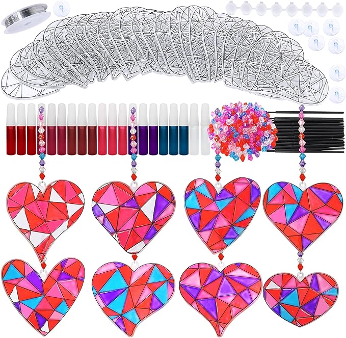 Winlyn 24 Sets Heart Suncatchers Ornaments Decorations DIY Window Paint Art Stickers Crafts Heart Sun Catchers Kits for Kids Valentine's Day Pirate-Themed Birthday Activities Party Favors Art Project