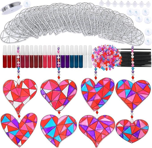 Winlyn 24 Sets Heart Suncatchers Ornaments Decorations DIY Window Paint Art Stickers Crafts Heart Sun Catchers Kits for Kids Valentine's Day Pirate-Themed Birthday Activities Party Favors Art Project
