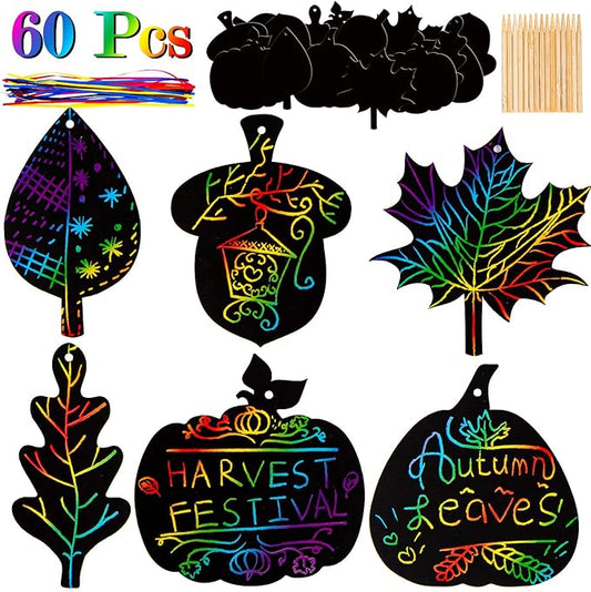 Whaline 60 Pack Fall Theme Rainbow Scratch Art Set Thanksgiving Black Scratch Paper Pumpkin Autumn Leaves Acorn Pattern with 60Pcs Ribbons and 15Pcs Wooden Styluses for Birthday Harvest Party Decor